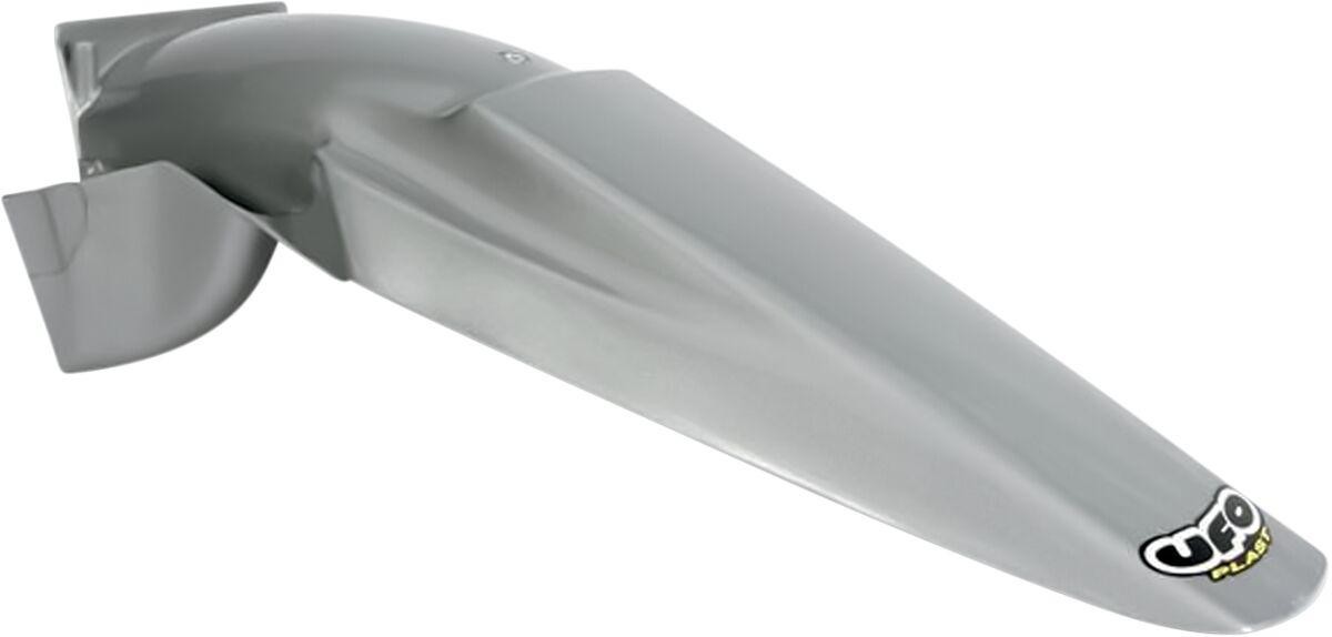 Silver rear fender for KTM EXC/SX models from 1998-2003, featuring a sleek, aerodynamic design and the UFO logo on the side.
