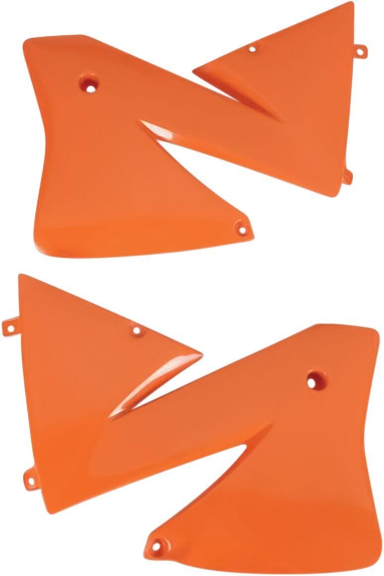 KTM orange UFO radiator scoops designed for KTM EXC125 models from 2001-2002, featuring a sleek, angular shape and multiple mounting holes for easy installation.