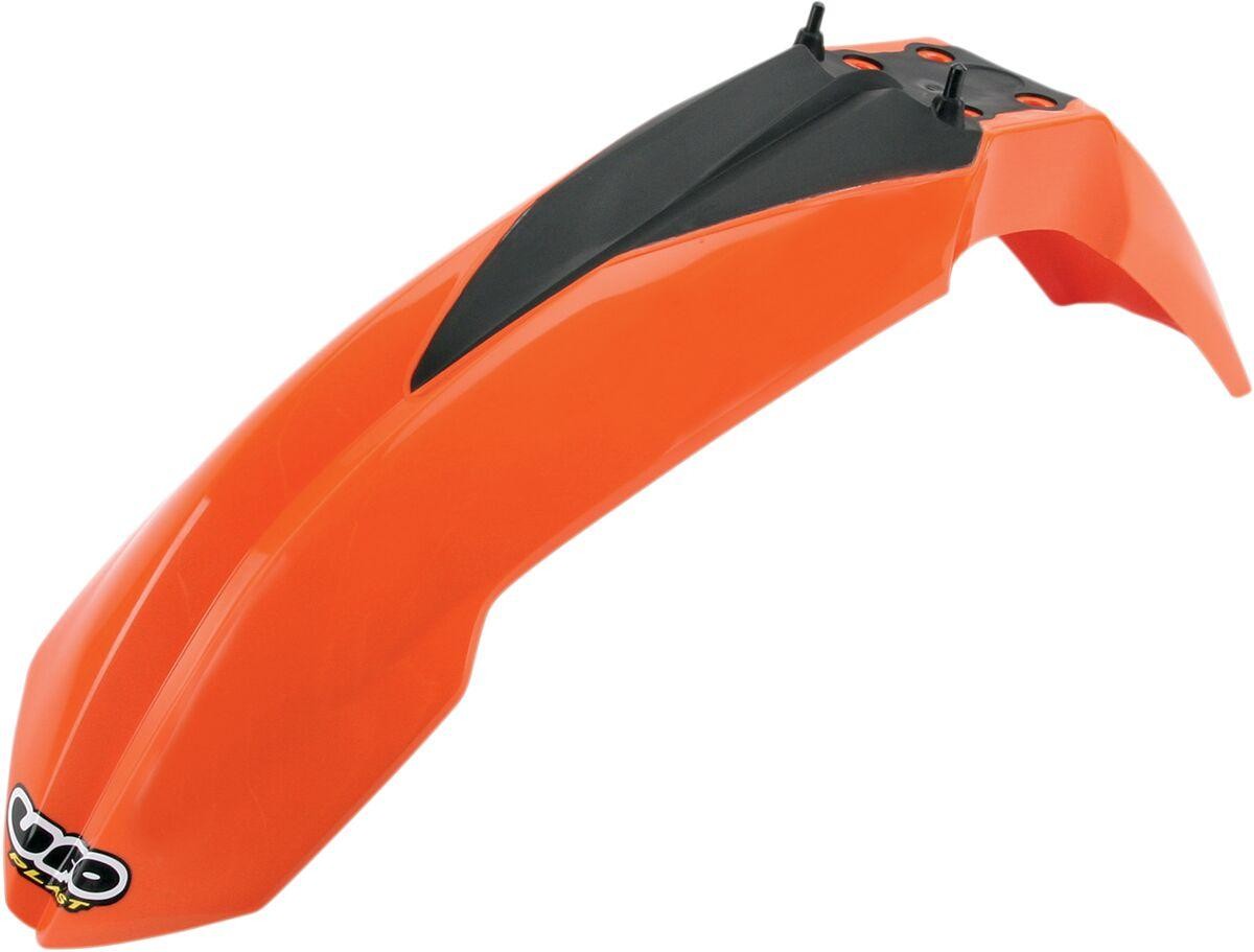 Black and orange UFO front fender designed for KTM EXC125 models from 2008 to 2013, featuring a sleek aerodynamic shape and durable plastic material.