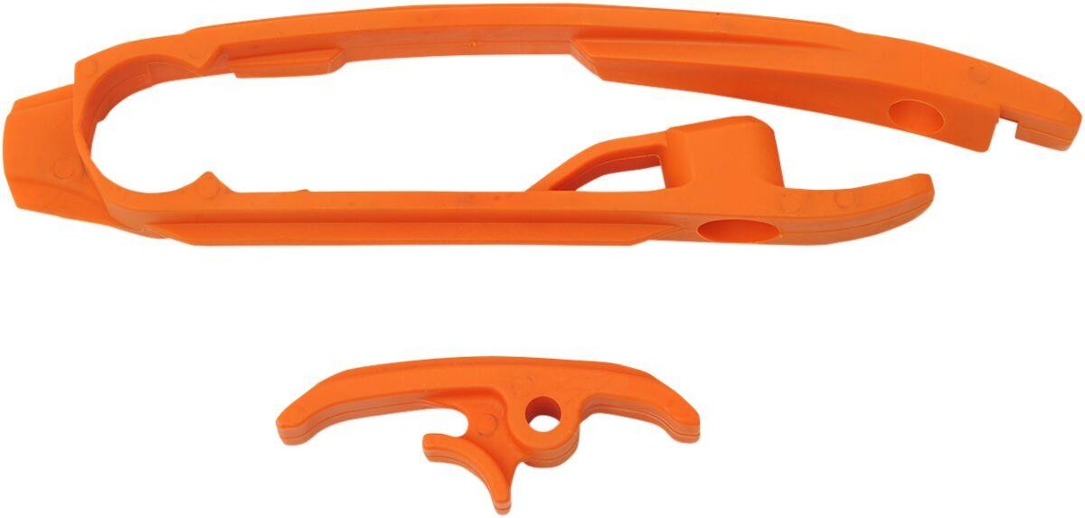 Orange UFO Chain Slider for KTM SX125 (2011-2015), featuring a durable plastic construction with a streamlined design and two pieces for enhanced performance.