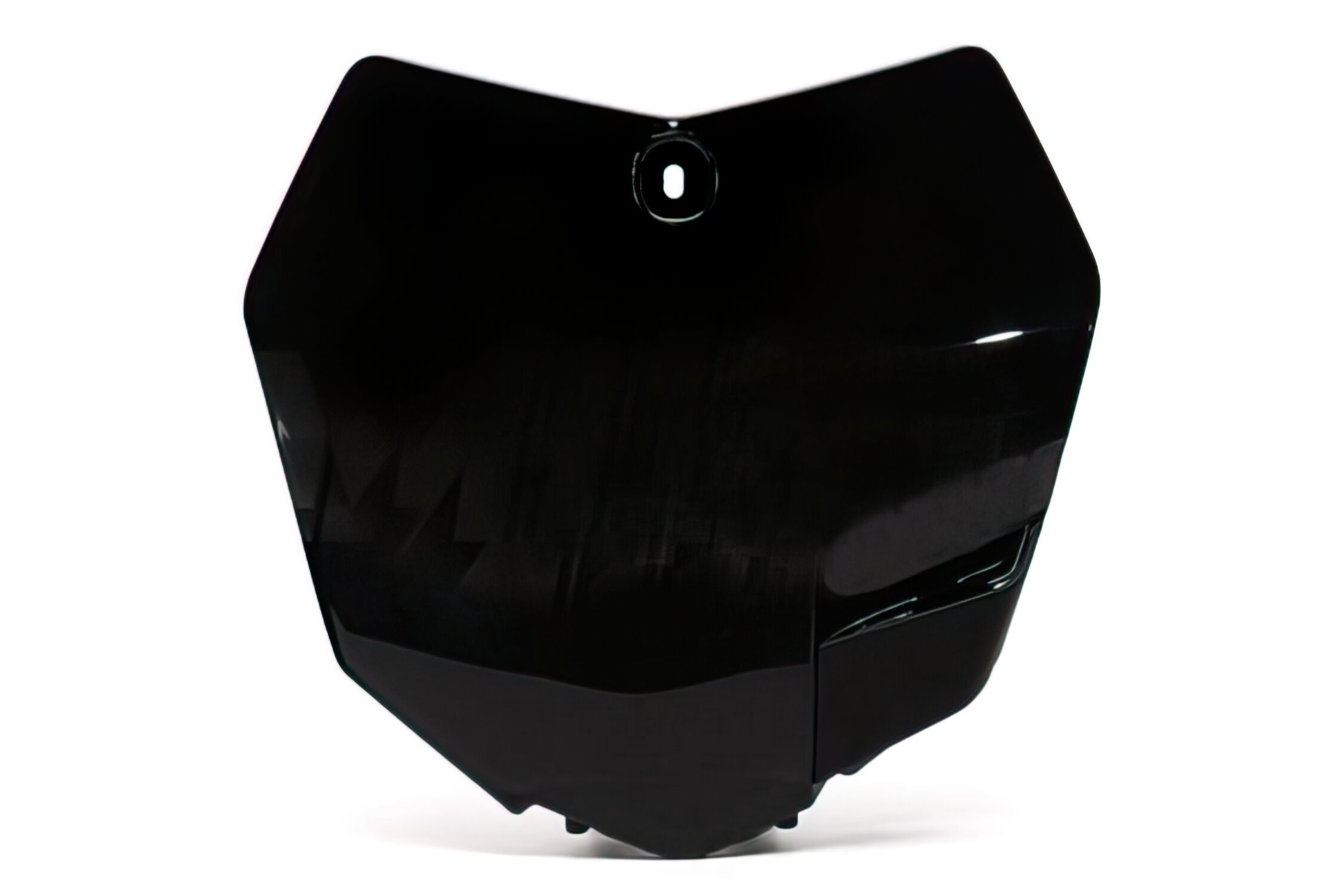 Black plastic number plate for KTM SX/SXF '13 by UFO, featuring a sleek, angular design with a central mounting hole and a glossy finish.