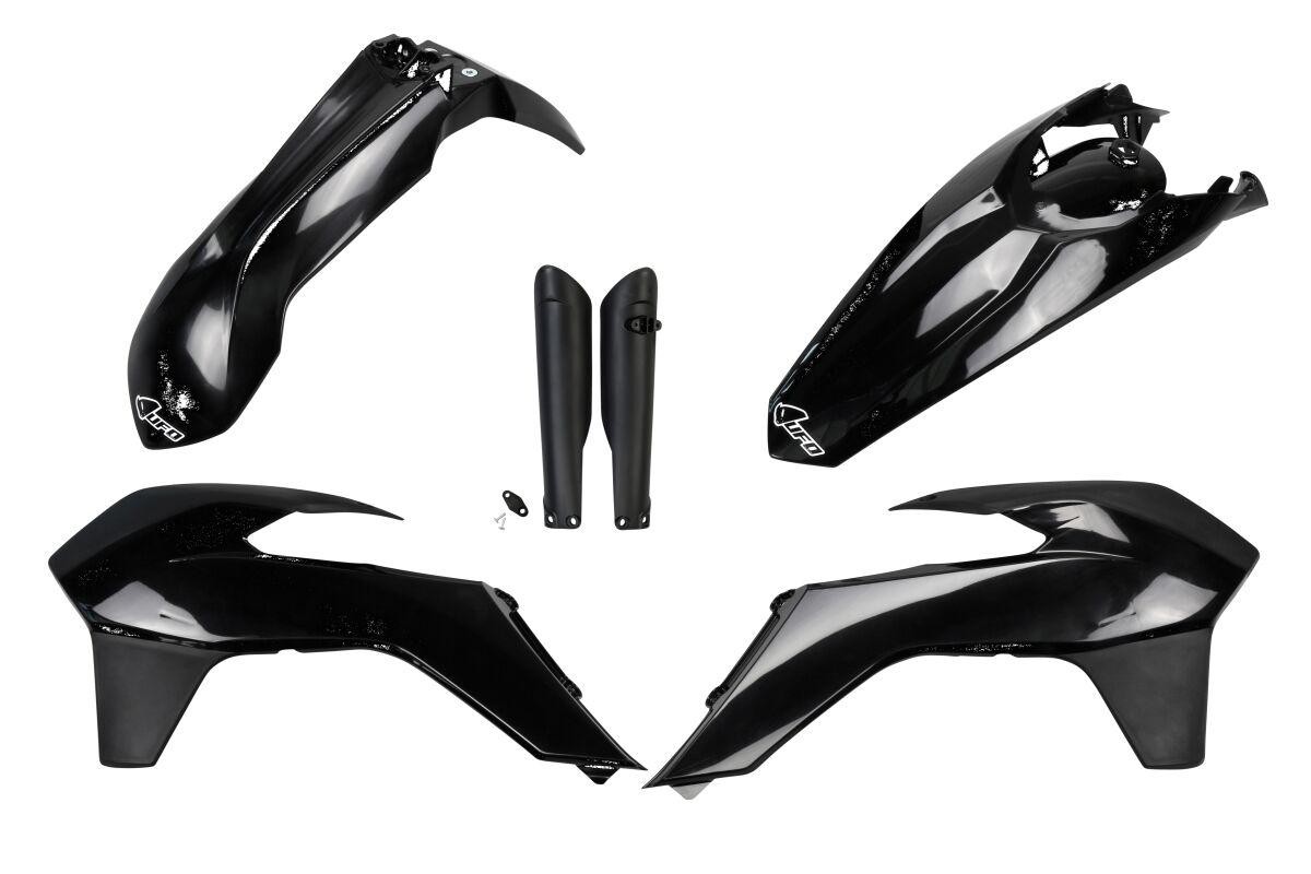 Black plastic bodywork kit for KTM EXC models (2014-16), featuring front and rear fenders, side panels, and fork guards, all with a glossy finish and UFO branding.