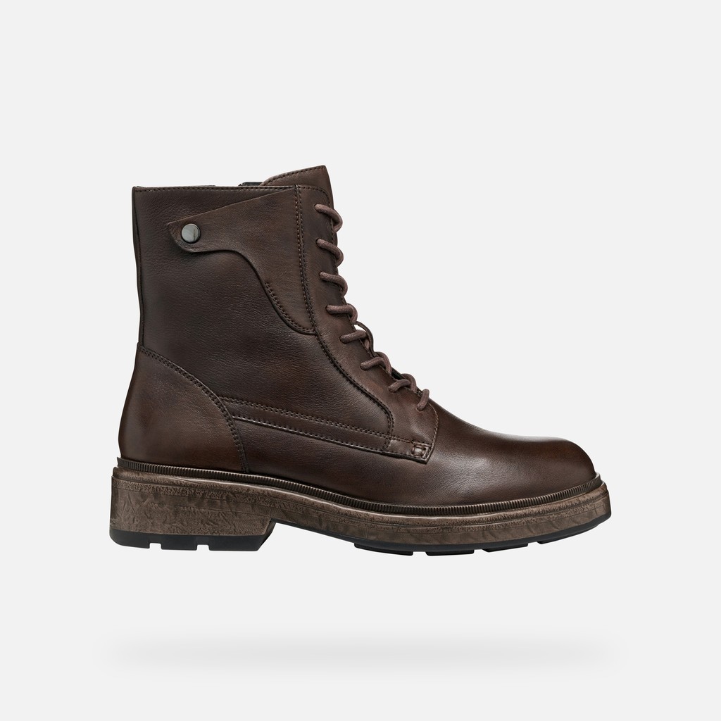 Brown leather lace-up ankle boots for women, featuring a sturdy sole, round toe, and decorative side button, designed for comfort and style by Geox.