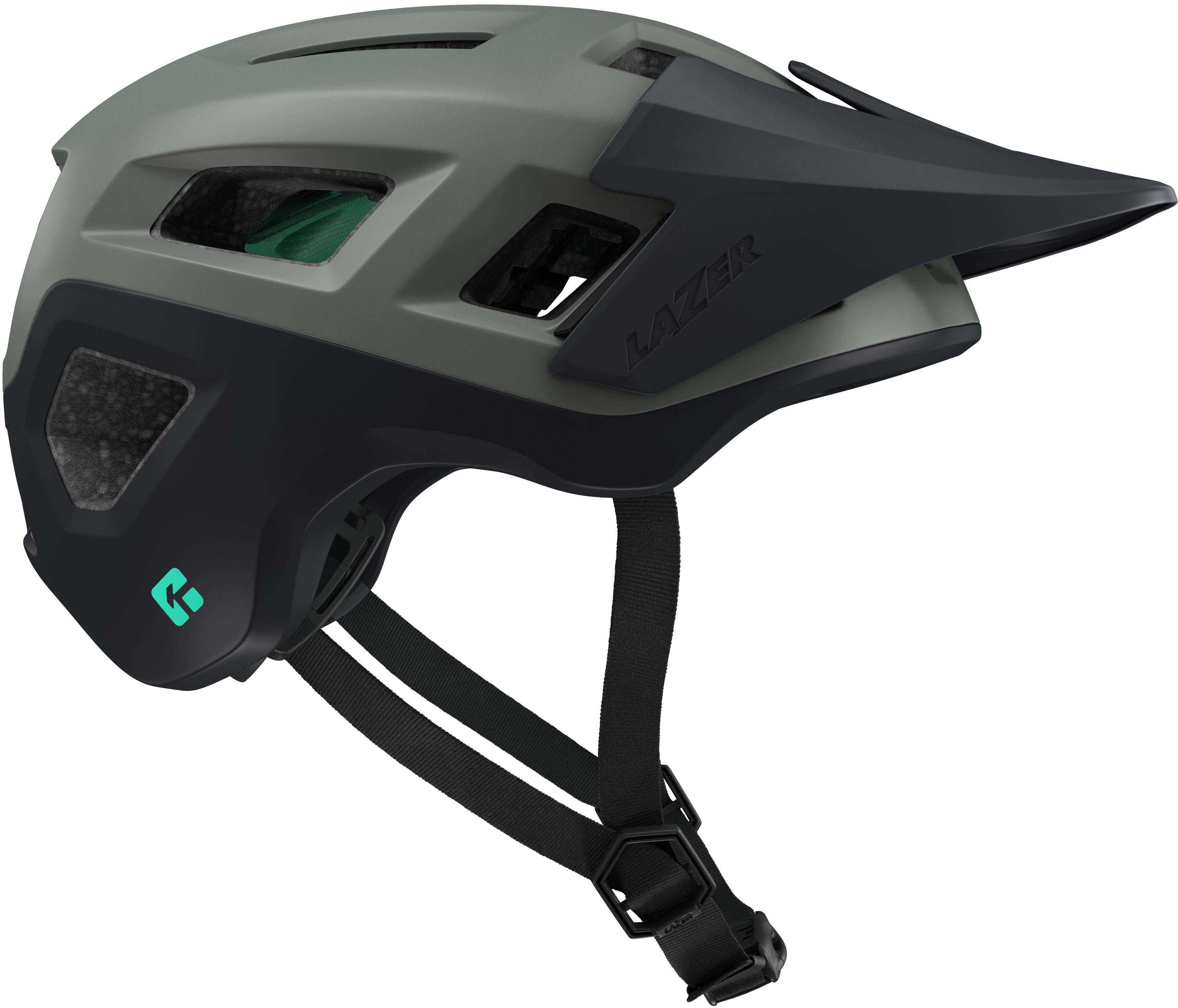 Matt dark green Lazer Coyote KinetiCore helmet, large, with black visor and adjustable chin strap.