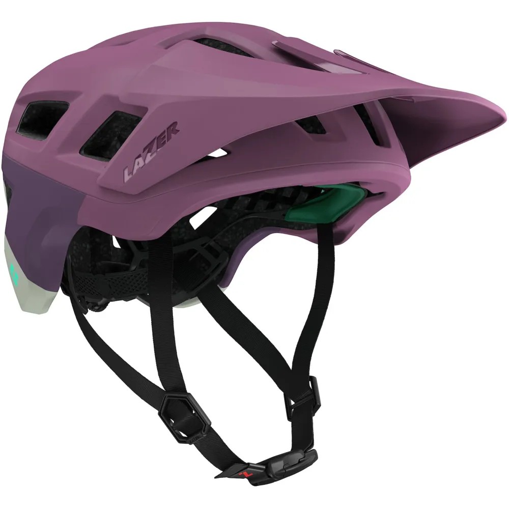 Medium purple Lazer Coyote KinetiCore mountain bike helmet featuring ventilation slots, a visor, adjustable straps, and a sleek design for optimal safety and comfort.