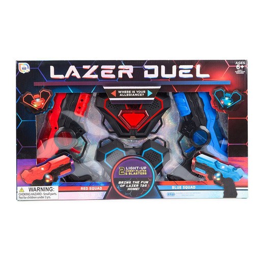 Lazer Duel set featuring two light-up chest plates in red and blue, with matching blasters, all set against a sleek, metallic background, designed for ages 6 and up.