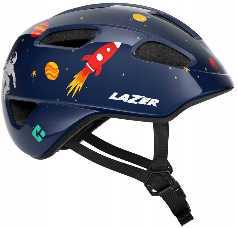 Navy blue youth helmet featuring a space theme with rockets, planets, and an astronaut, equipped with ventilation holes and adjustable straps for a secure fit.