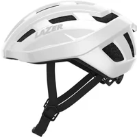 White Lazer Tempo KinetiCore road helmet with aerodynamic vents and adjustable black chin strap.