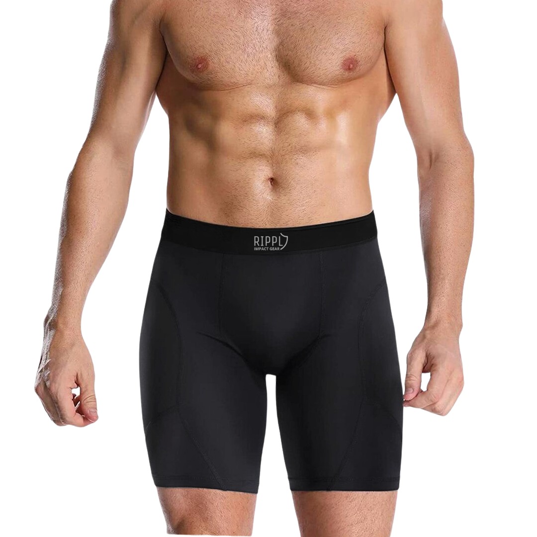 Black athletic shorts by Rippl Impact Gear, featuring a snug fit, elastic waistband with logo, and a smooth, lightweight material ideal for active wear.