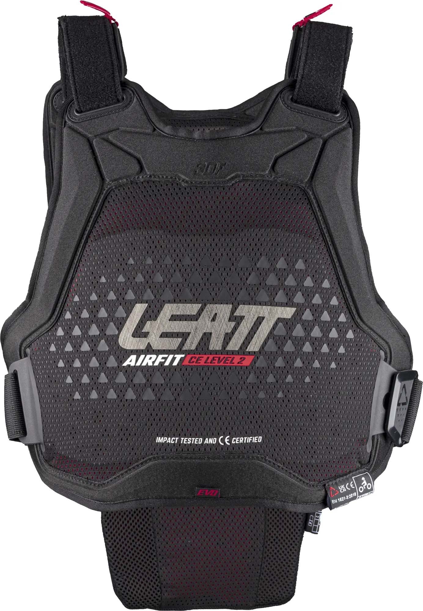 Black Leatt 3DF AirFit Evo Chest Protector in L/XL, featuring a textured surface, adjustable straps, and CE Level 2 certification for impact protection.