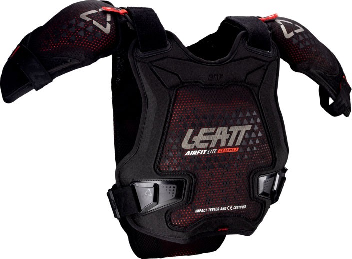 Leatt 3DF AirFit Evo Pro JR Chest Protector in black with red accents, featuring adjustable straps, protective shoulder pads, and breathable material for enhanced comfort and safety.