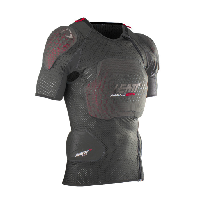 Black short-sleeve body tee featuring padded protection, breathable mesh material, and red accents, designed for comfort and safety in sports.