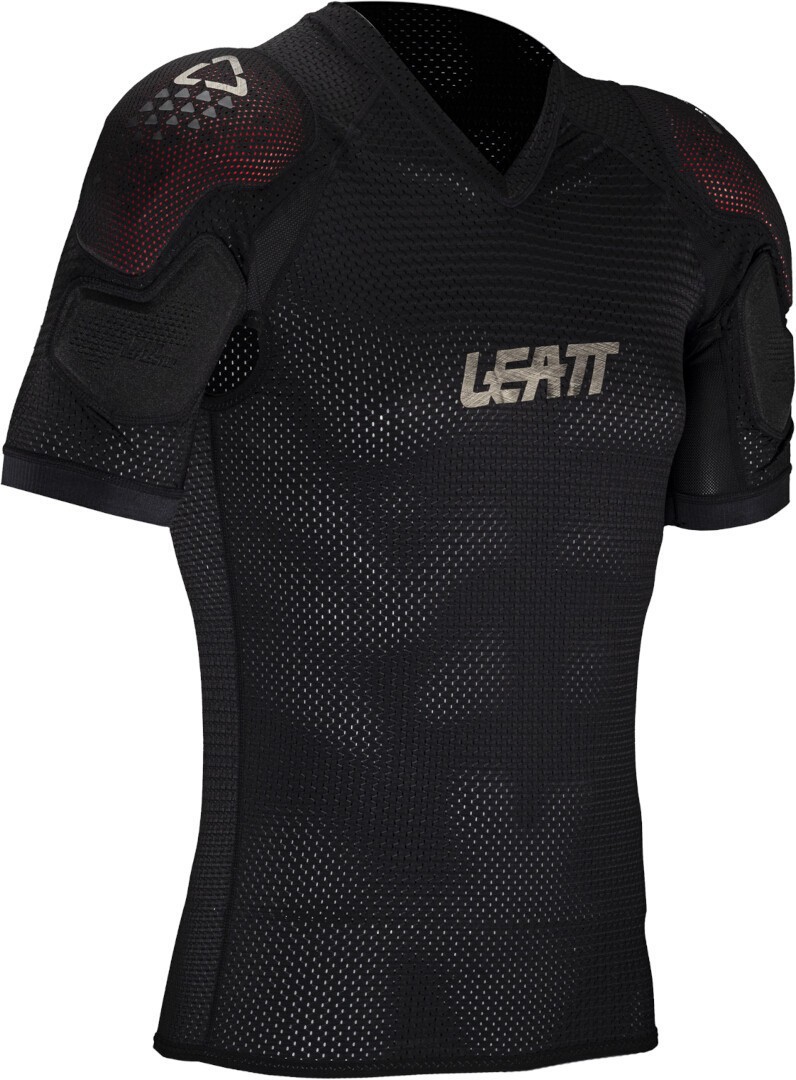 Black mesh shoulder tee with short sleeves, featuring padded shoulder protection and a breathable design, highlighted by the Leatt logo on the front.