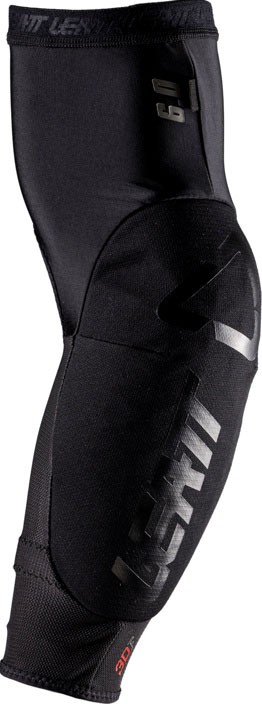 Black elbow guards with a sleek design, featuring padded protection, breathable material, and reflective "Leatt 6.0" branding, designed for comfort and safety in sports.
