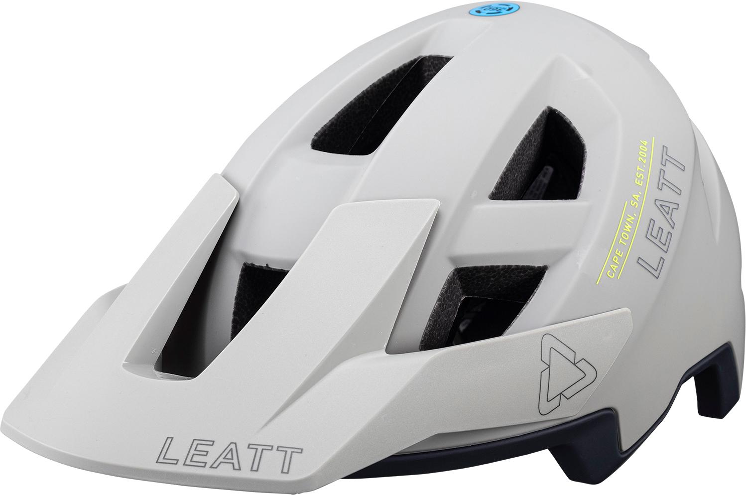 Leatt All Mtn 2.0 MTB helmet in granite gray, featuring a sleek design, ventilation slots, and adjustable fit for head sizes 51-55cm.