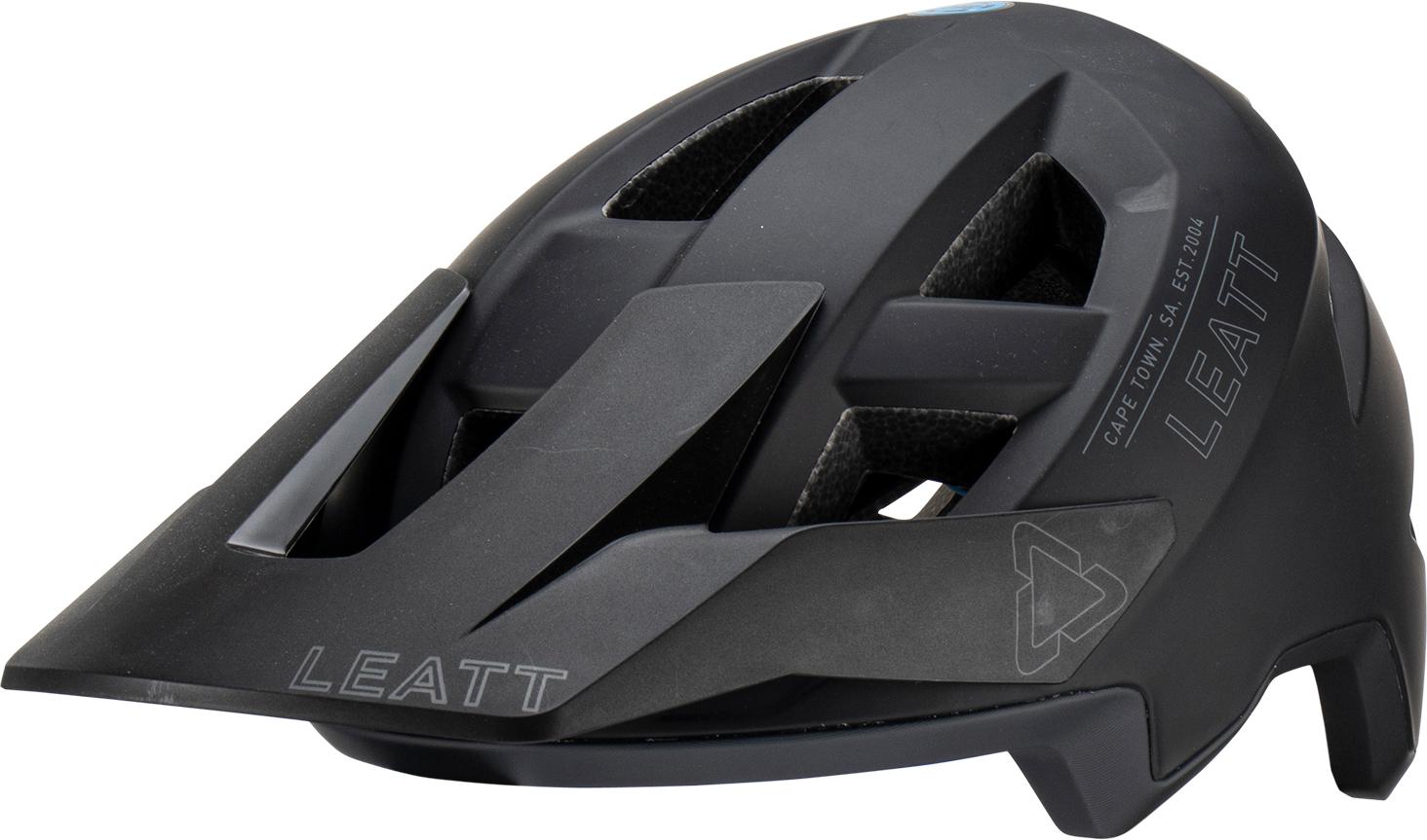 Black Leatt All Mtn 2.0 MTB helmet in size S (51-55cm) featuring a sleek design, ventilation slots, and a prominent visor for enhanced protection and style.