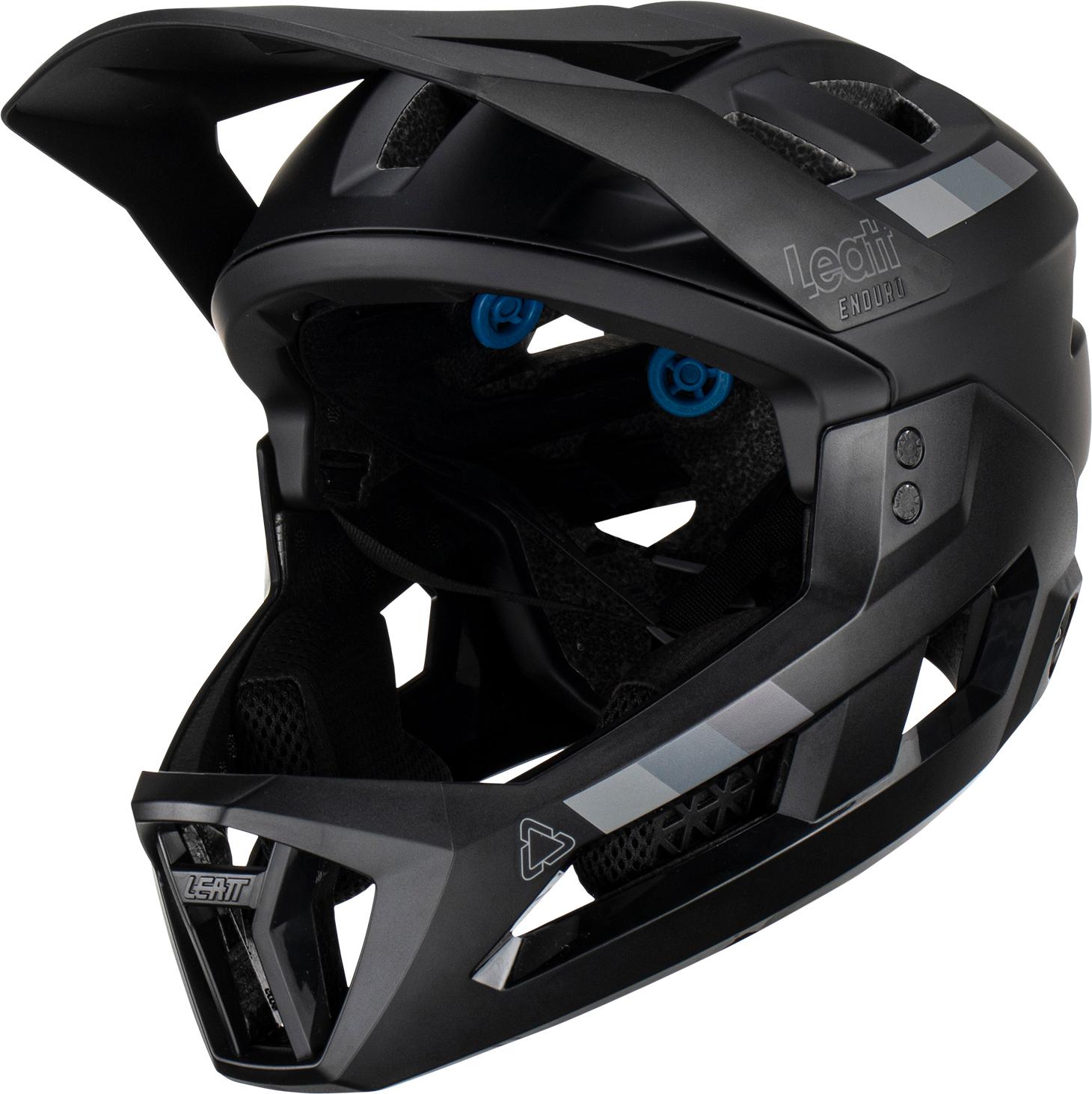 Leatt Enduro 2.0 MTB Junior Helmet in stealth black features a sleek design, ventilation ports, adjustable visor, and blue cushioning for comfort and safety.