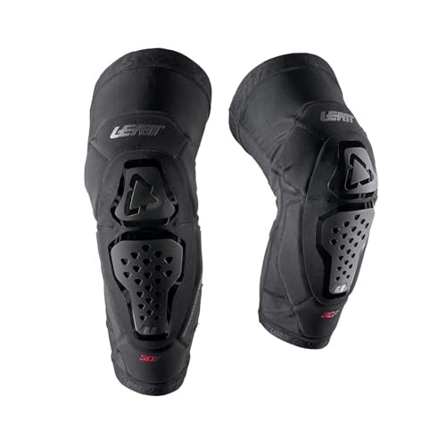 Black Leatt Evo 6.0 knee guards in size XL, featuring a durable fabric exterior, breathable mesh panels, and protective hard shell inserts for enhanced safety and comfort.