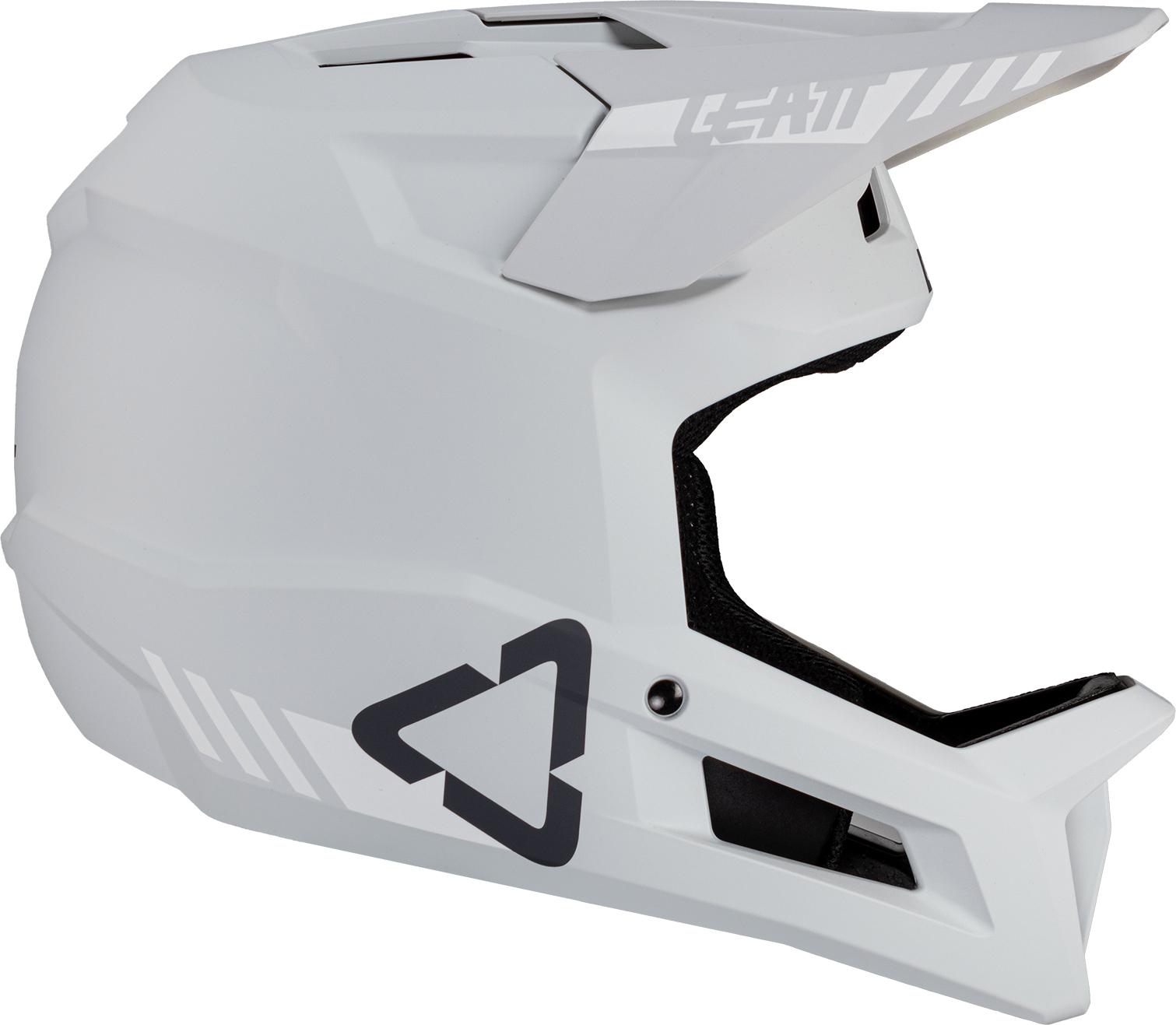 Leatt Gravity 1.0 MTB helmet in matte white, featuring a sleek design, adjustable visor, and ventilation openings, suitable for head sizes M (57-58cm).