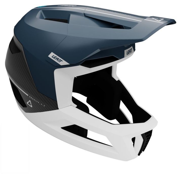 Leatt Gravity 5.0 MTB helmet in blue and white, featuring a sleek design, carbon fiber accents, and ventilation openings, suitable for head sizes 59-63cm.