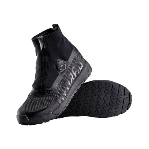 Black Leatt HydraDri ProFlat 7.0 Boa shoes feature a sleek design with a waterproof upper, textured mesh, and a Boa lacing system for a secure fit, size 9.