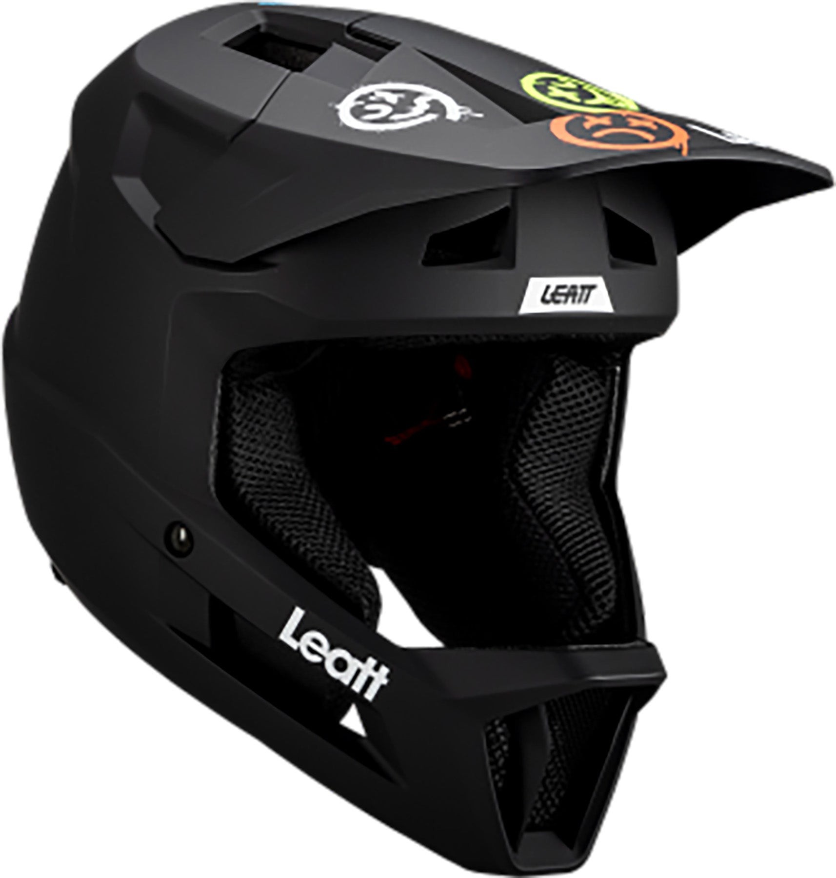 Black Leatt MTB Gravity 1.0 Junior Helmet in size XS (53-54 cm) featuring a sleek design, ventilation ports, and colorful logos on the visor.