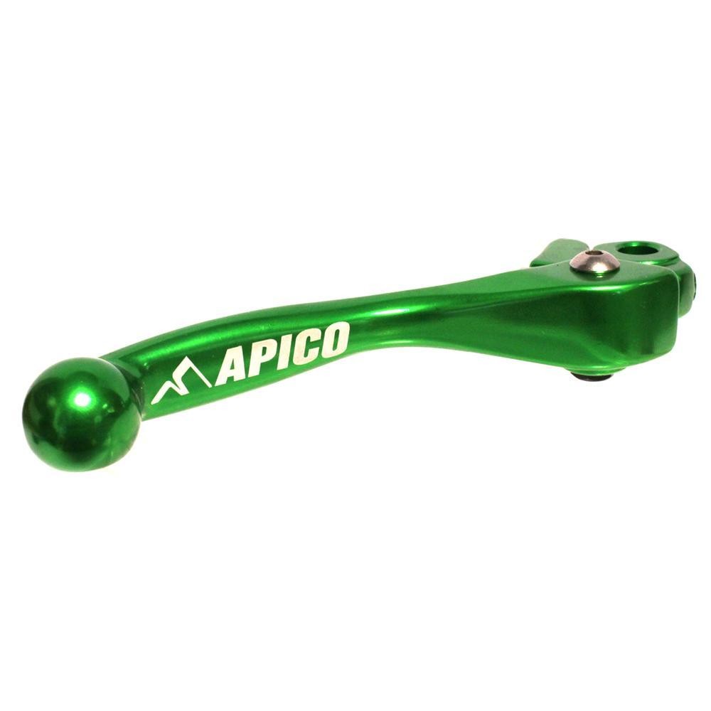 Green aluminum brake lever with a smooth finish, featuring the "APICO" logo, designed for various Suzuki, Kawasaki, and Yamaha motorcycle models.
