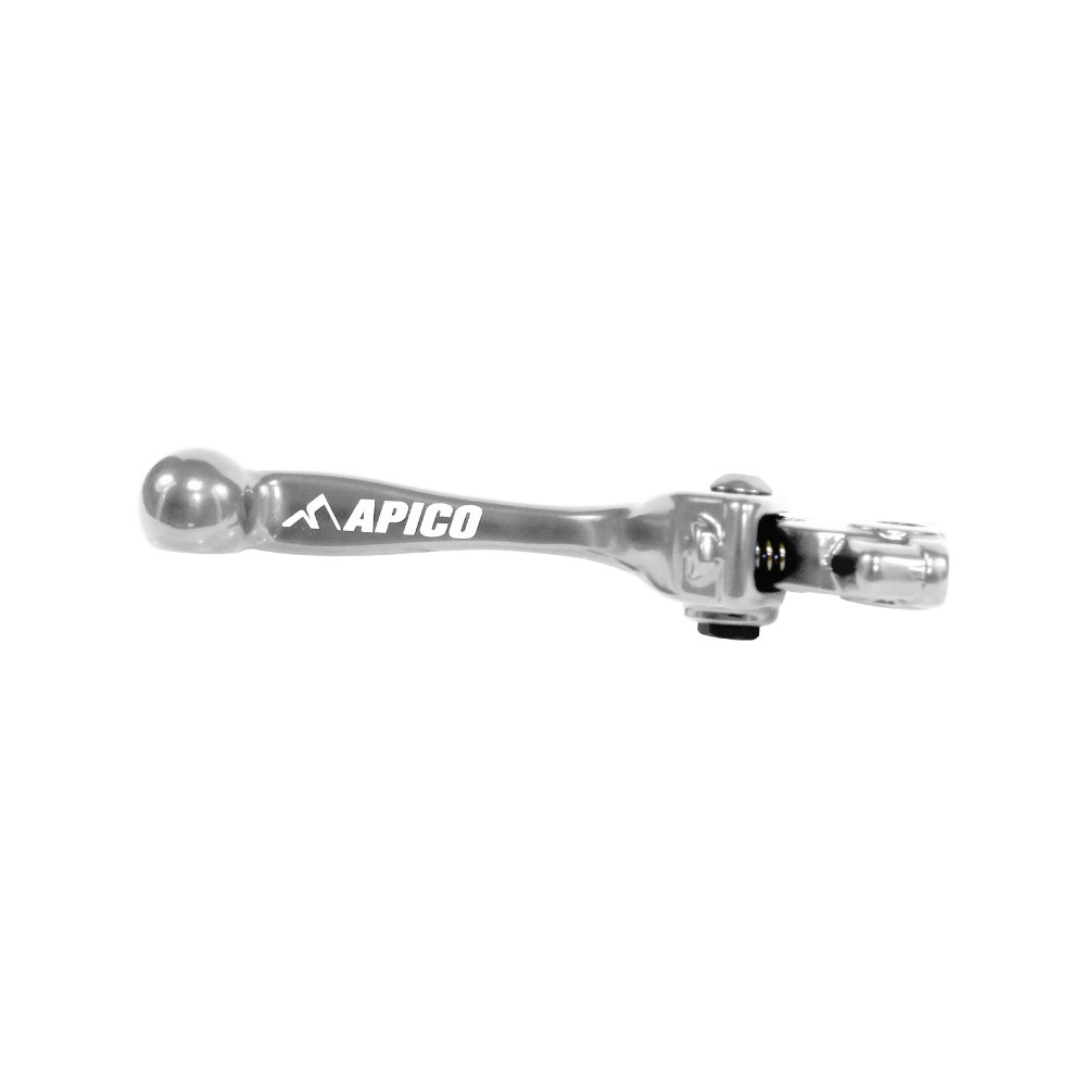 Silver Apico Elite Brake Lever designed for Kawasaki models, featuring a sleek, ergonomic shape with a ball end and the Apico logo prominently displayed.
