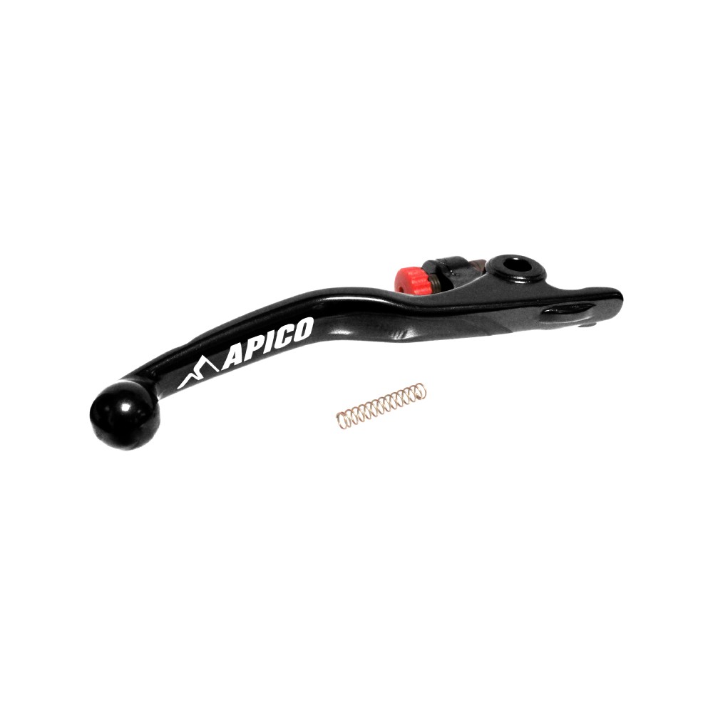 Black Apico Elite Brembo brake lever with a sleek design, featuring a red adjuster knob and a spring, compatible with KTM SX/SXF, Husqvarna TC/FC, and Sherco SE-R/SE-F models.