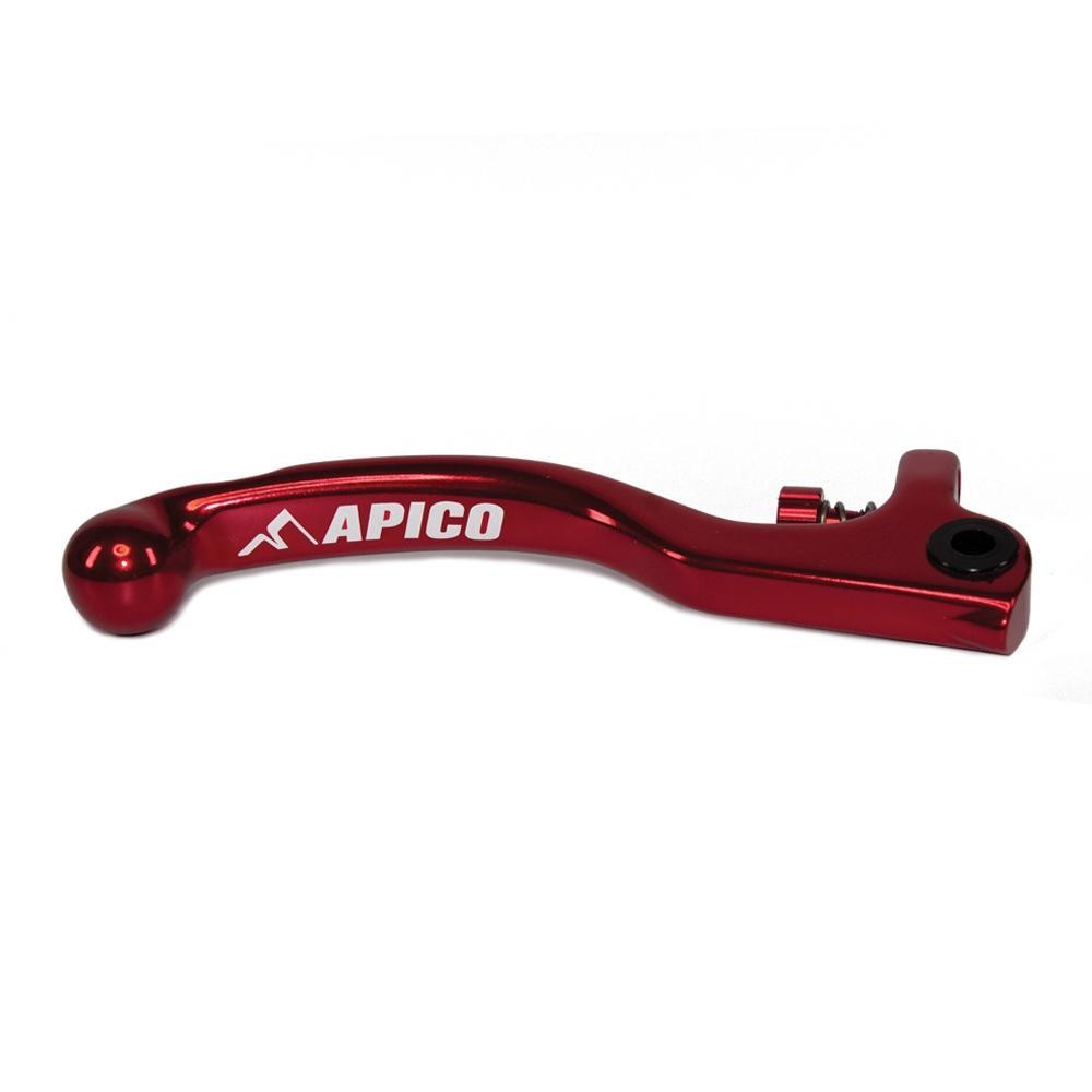 Apico Elite brake lever in vibrant red, featuring a sleek aluminum design, a short length, and engraved branding, suitable for AJP 2 Hole Trials applications.