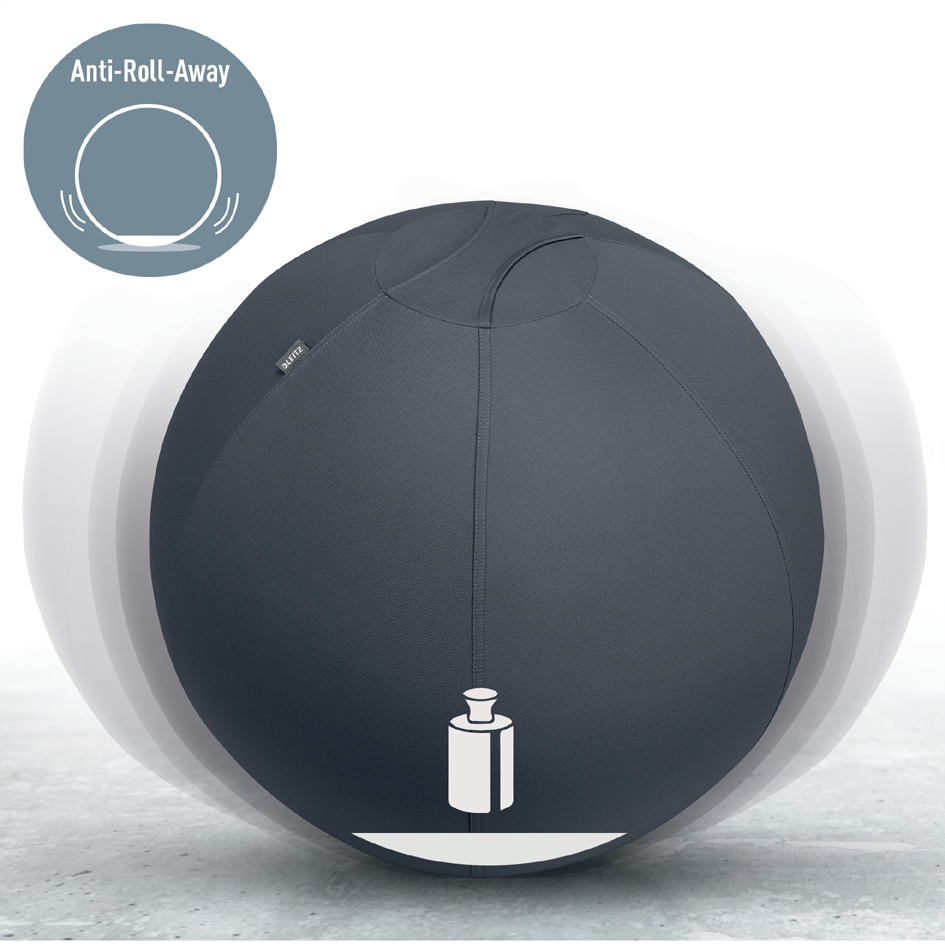 Light grey sitting ball with a smooth fabric surface, featuring an anti-roll-away design and a subtle logo at the bottom, ideal for ergonomic seating.