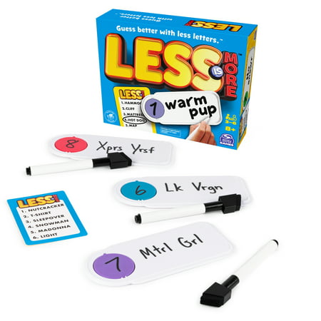 Colorful game box titled "Less Is More" with a white and blue design, featuring game cards and markers with numbered labels and a variety of colors.