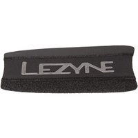 Black Lezyne chainstay protector with white logo, neoprene material, and Velcro closure.