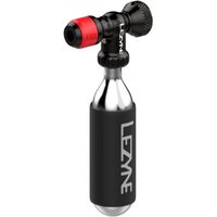 Black and silver Lezyne CO2 pump with red nozzle and 20G cartridge, compact design for cycling.