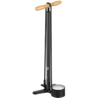 Black Lezyne floor pump with wooden handle, large pressure gauge, and ABS Clik Chuck nozzle.