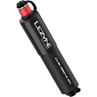 Black Lezyne Clik Drive HV hand pump with red nozzle, textured grip, and Clik Valve System branding.