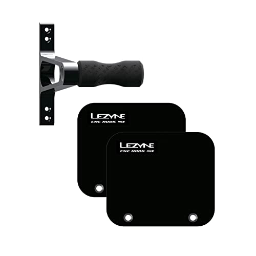Lezyne CNC Alloy Wheel Hook in black features a durable metal hook with a textured black rubber grip and two black mounting plates for secure wheel storage.