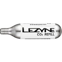 Silver Lezyne CO2 threaded cartridge 16g with black logo and text on white label.