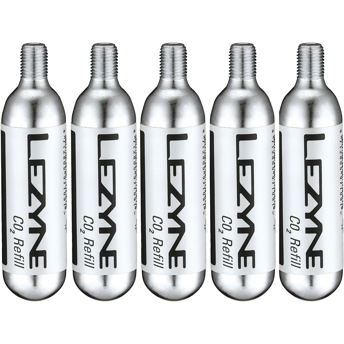 Five silver threaded CO2 cartridges with white labels featuring "LEZYNE" and "CO2 Refill" text, designed for bike tire inflation.