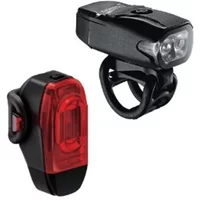 Black Lezyne KTV Drive+ light set with front white LED and rear red LED, compact design with mounting straps.