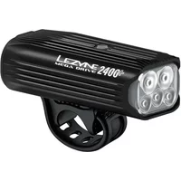 Black Lezyne Mega Drive 2400+ front bike light with ribbed casing and four LED bulbs, mounted on a strap.