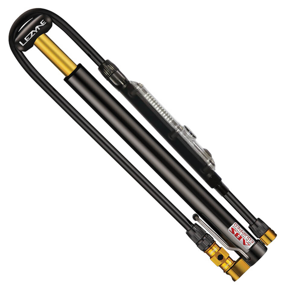 Lezyne Micro Floor Drive Digital HPG in black features a sleek aluminum body, a digital pressure gauge, and a gold pump head with a flexible hose for easy tire inflation.