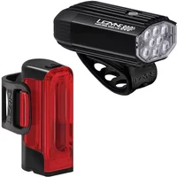 Black Lezyne bike light set with front multi-LED light and rear red strip light, both with mounting straps.