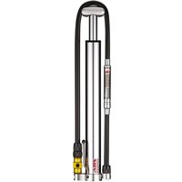 Silver Lezyne Micro Floor Drive HVG bike pump with pressure gauge, flexible hose, and ergonomic handle.