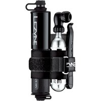 Black Lezyne Pocket Drive HV Loaded Pump with CO2 cartridge, tire levers, and mounting strap.