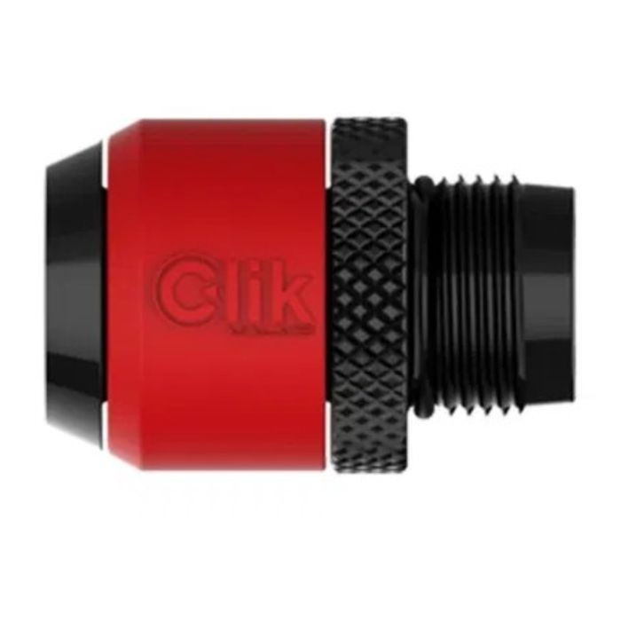 Red and black Lezyne Schwalbe CLIK Chuck with a knurled grip, designed for easy attachment to bike pumps, featuring a compact and durable construction.