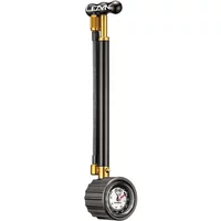 Black Lezyne Shock Drive mini pump with gold accents and pressure gauge at the base.