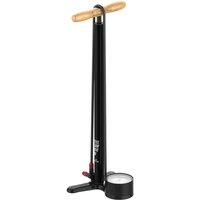 Black Lezyne Steel HV Floor Drive 3.5 Pump with wooden handle and large pressure gauge at the base.