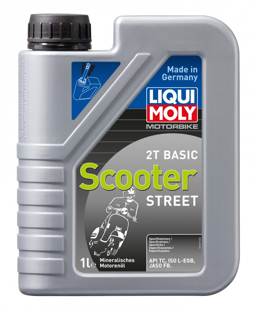 Gray plastic container of LIQUI MOLY 1619 engine oil, featuring a black screw cap, with a label displaying "Scooter STREET" and specifications, capacity of 1 liter, made in Germany.