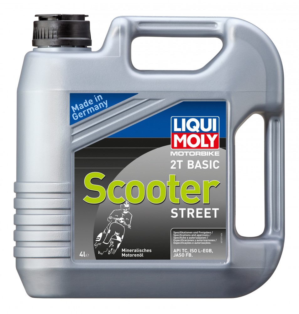 Gray plastic container of LIQUI MOLY 1237 Engine Oil, 4 liters, featuring a black screw cap and a prominent label with "Scooter Street" and mineral oil details.